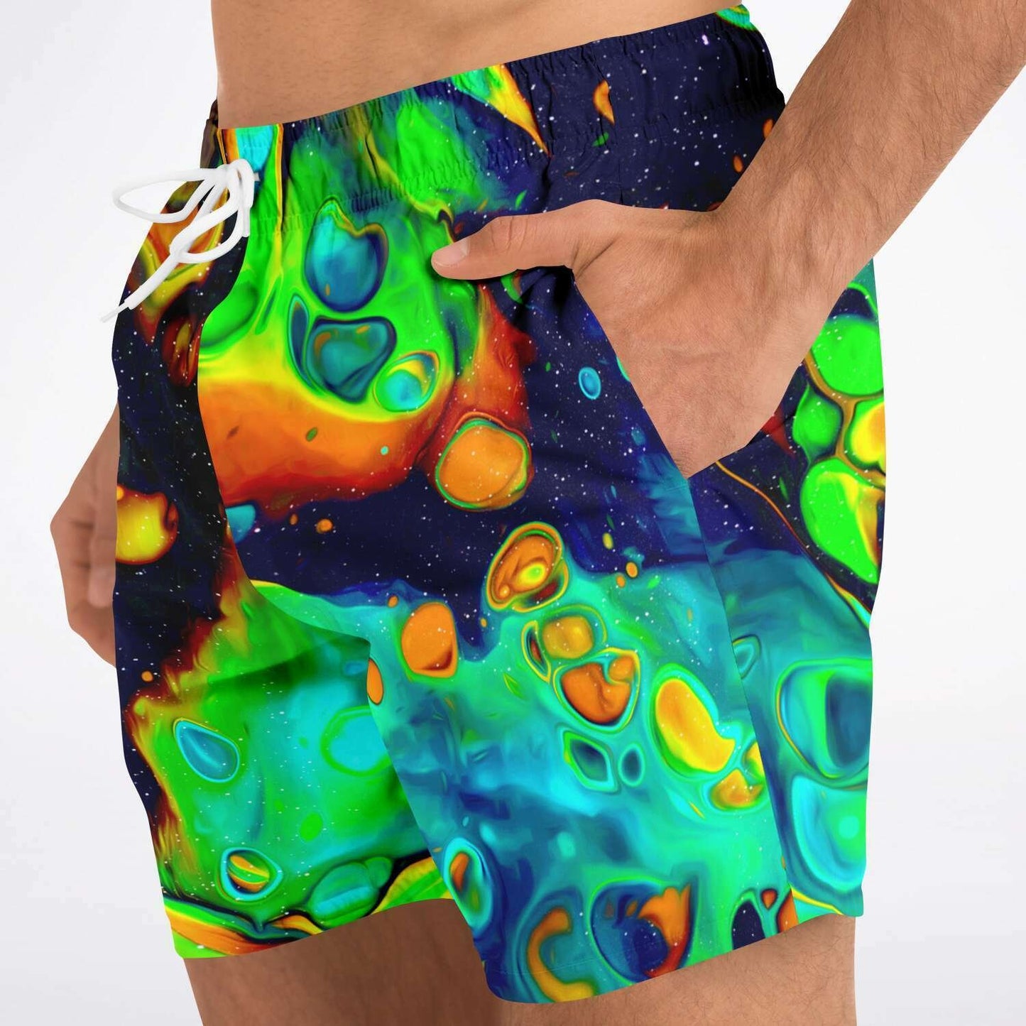 Trippy shorter-length swim trunks
