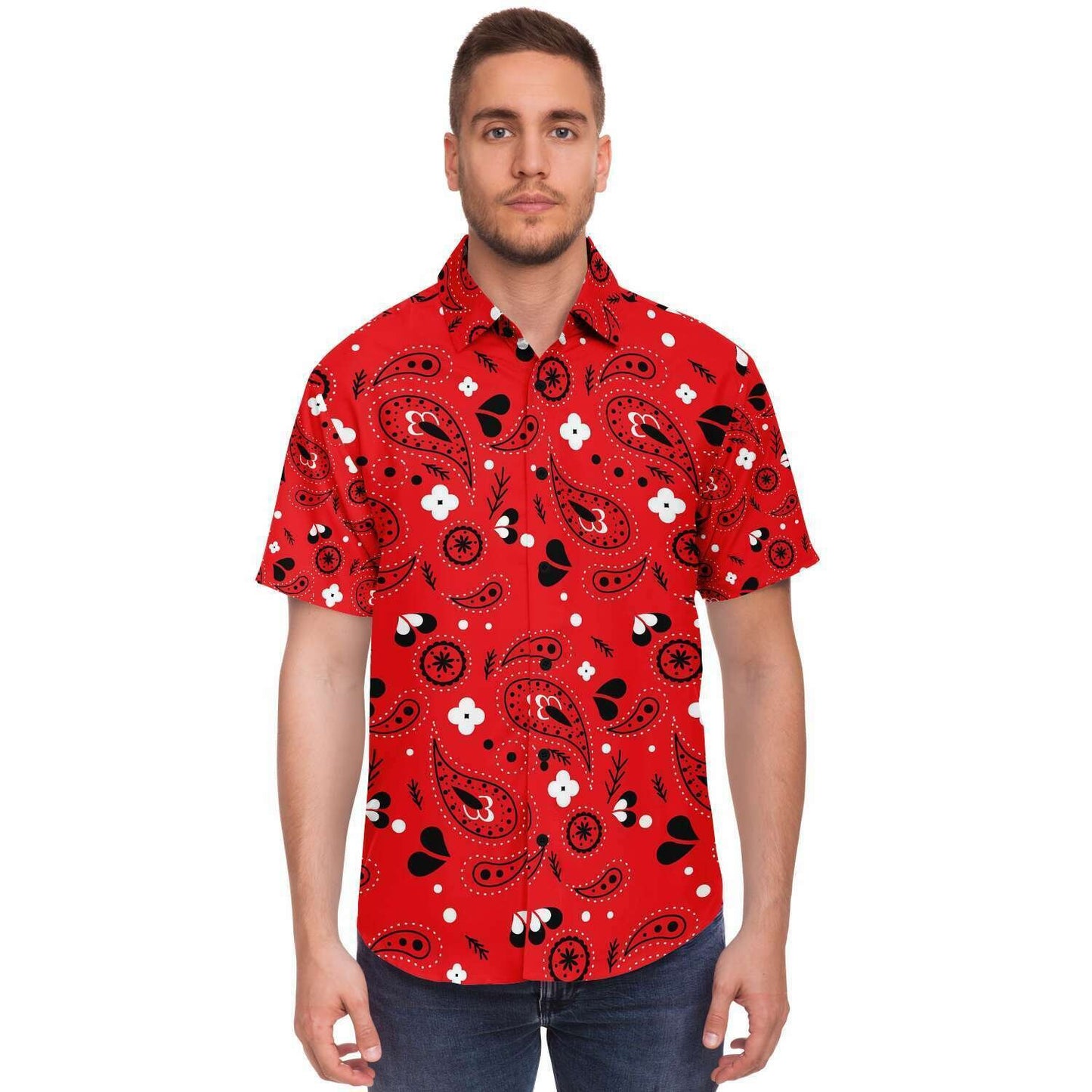 Red paisely short sleeve button down shirt