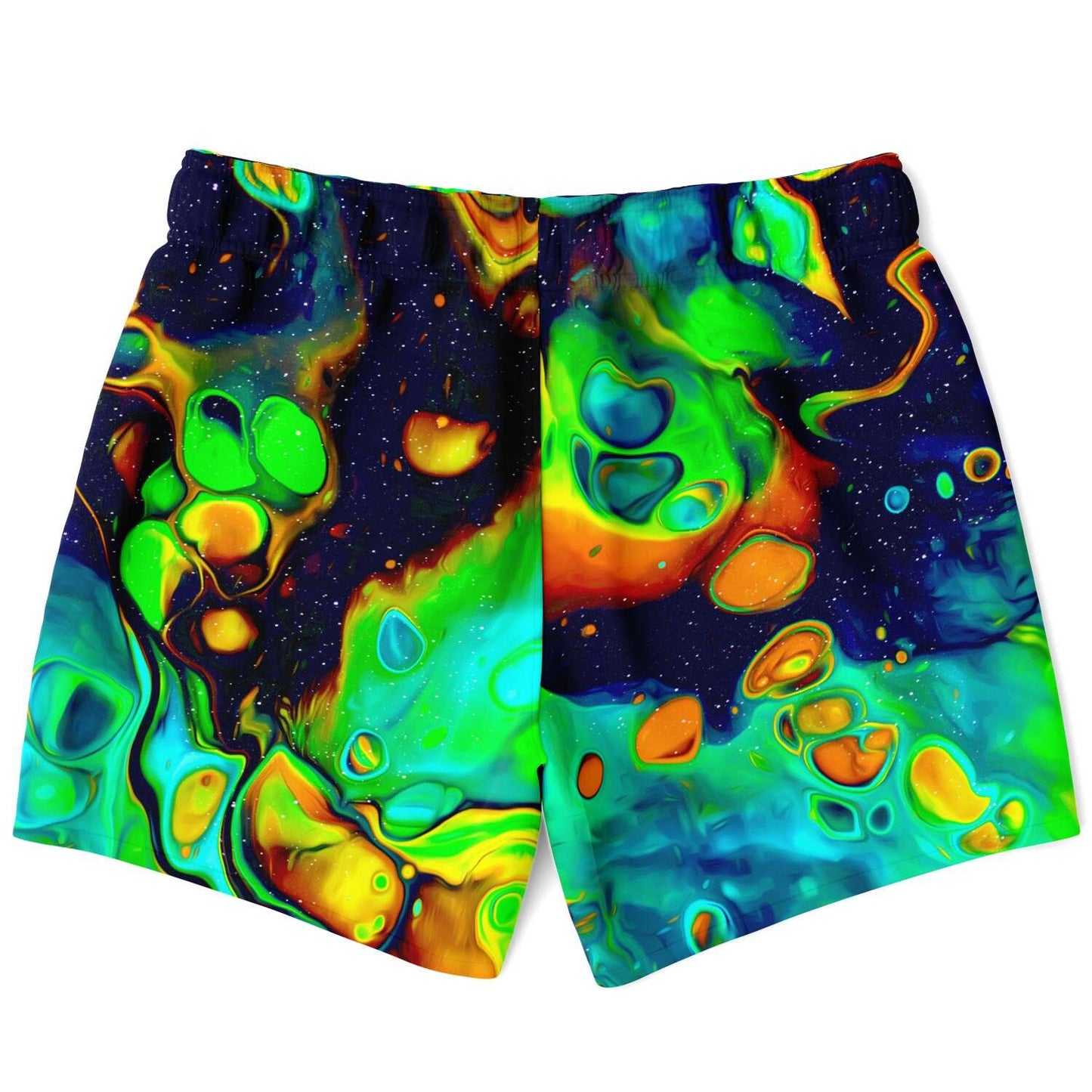 Trippy shorter-length swim trunks