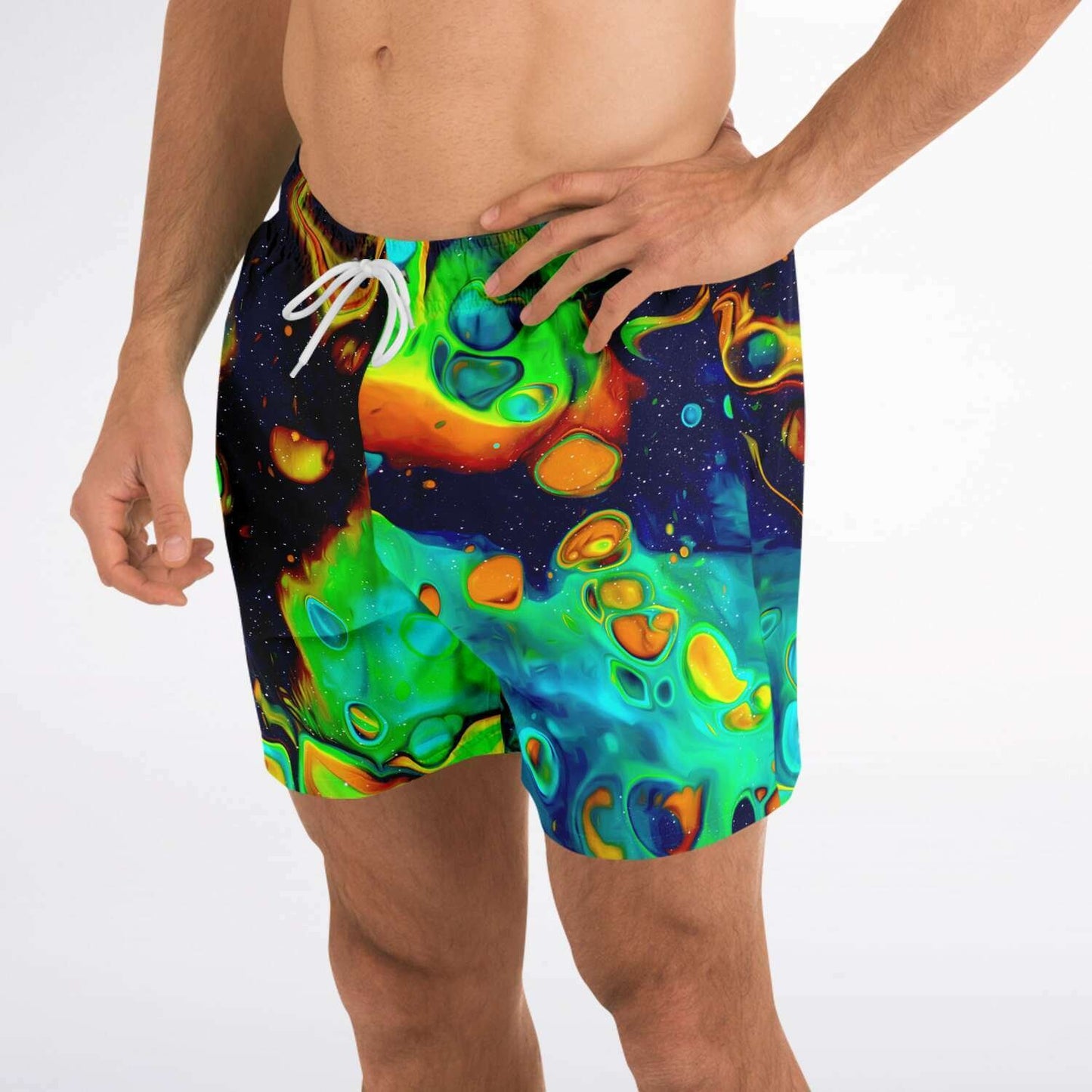 Trippy shorter-length swim trunks
