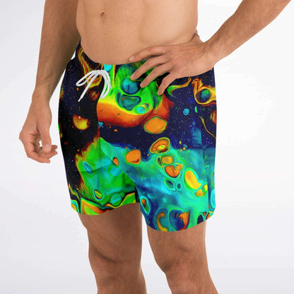 Trippy shorter-length swim trunks