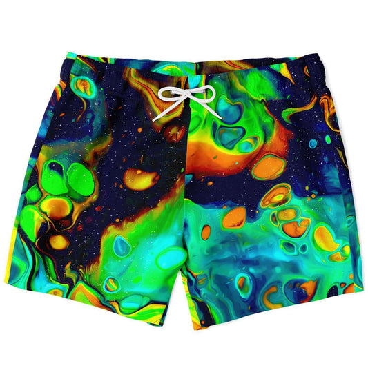 Trippy shorter-length swim trunks