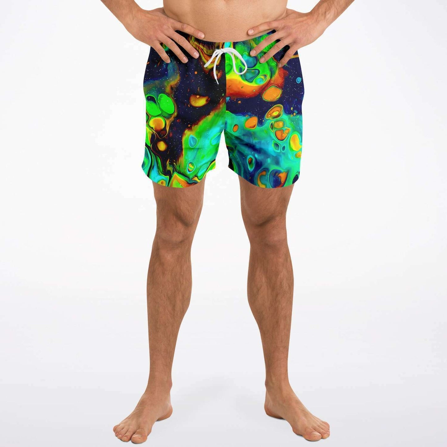 Trippy shorter-length swim trunks