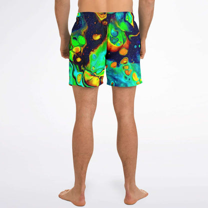 Trippy shorter-length swim trunks