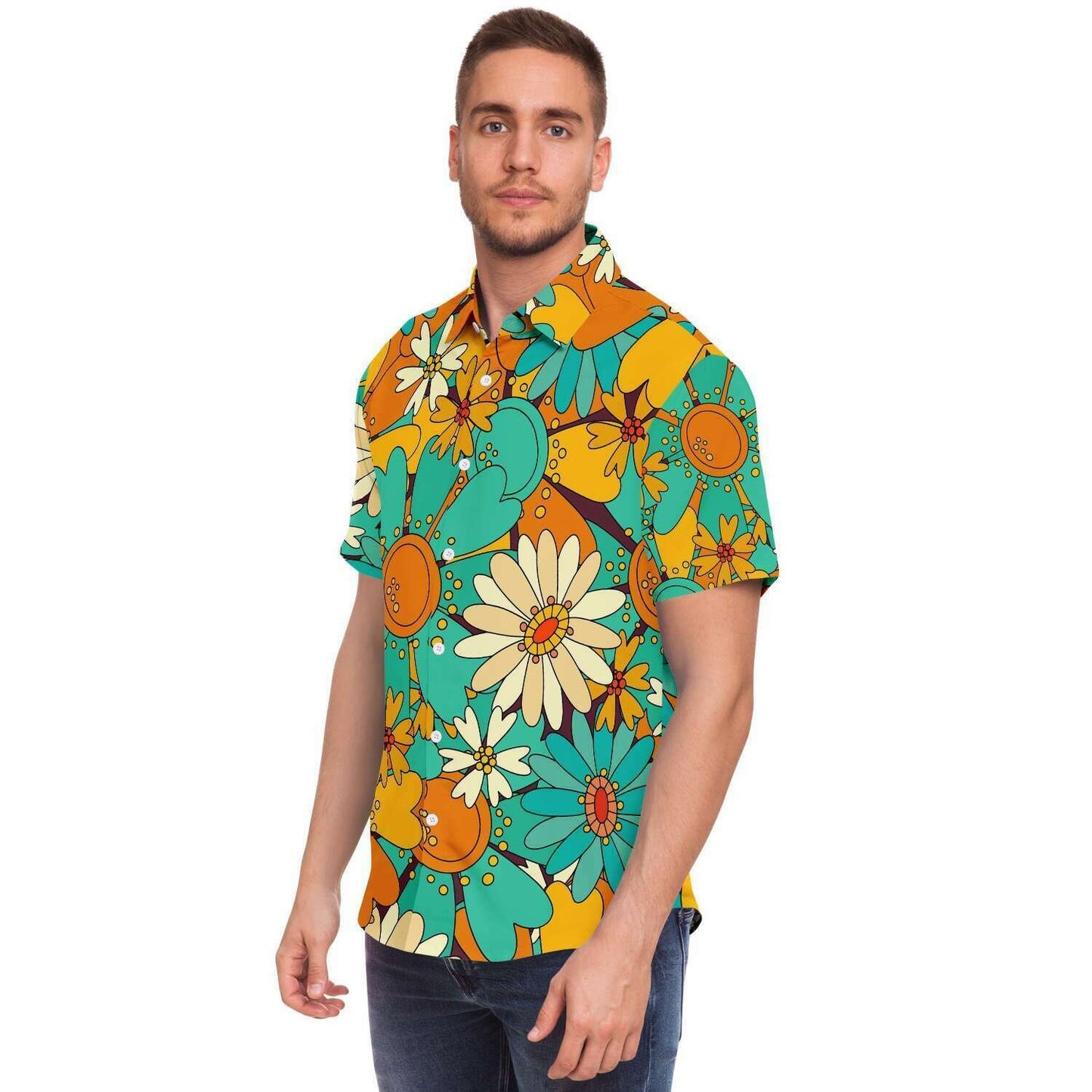 Pretty colorful sunflowers short sleeve button down shirt