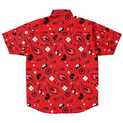 Red paisely short sleeve button down shirt